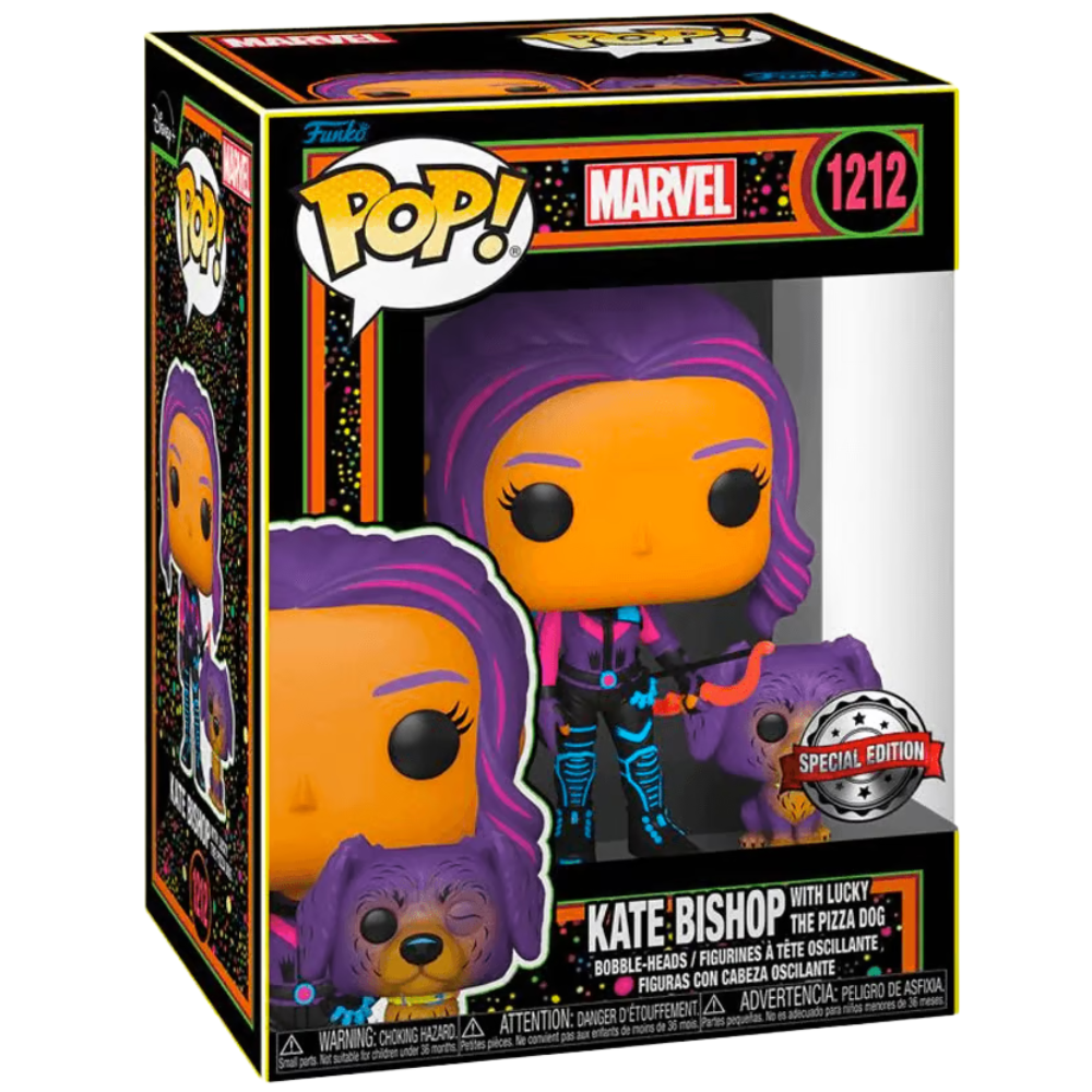 Funko Pop Marvel Hawkeye - Kate Bishop w/ Lucky The Pizza Dog (Blacklight) Special Edition